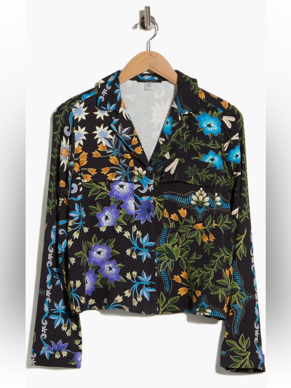 T Tahari Cropped Button Up Top Collar Garden Bloom Medium NWOT